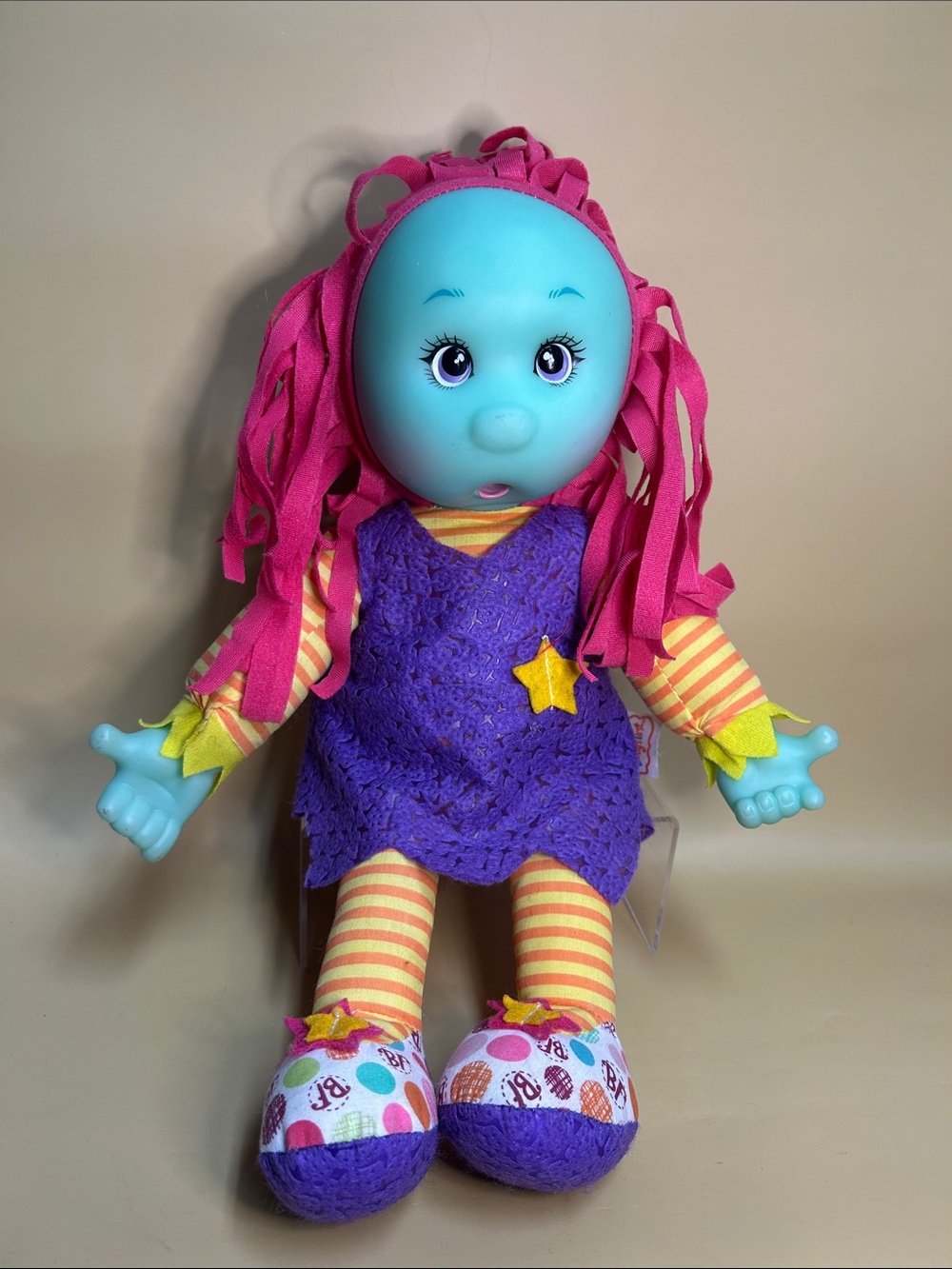 Babys First Green Hard Faced Pink Hair Goldberger Doll Purple Dress Striped Body